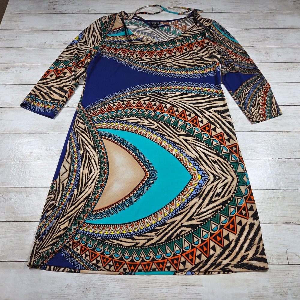 En Focus Studio Geometric Zebra Print Shift Dress Womens 8 Blue Multi 3/4 Sleeve
